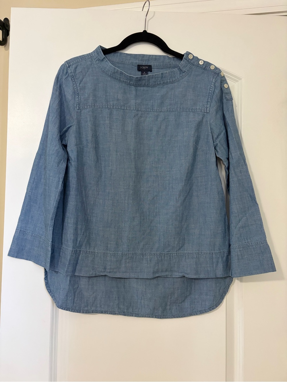 J. Crew Light Blue Chambray Button-Shoulder Popover Blouse